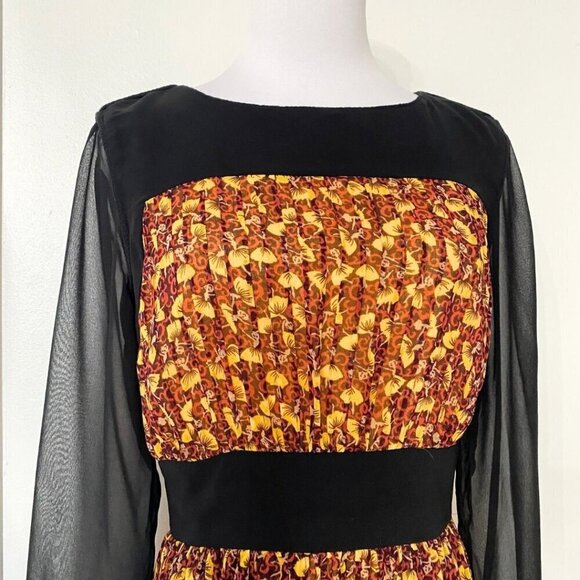 TED BAKER BARTA YELLOW ORANGE FLORAL BLACK SHEER CHIFFON PLEATED A-LINE DRESS - Picture 5 of 14